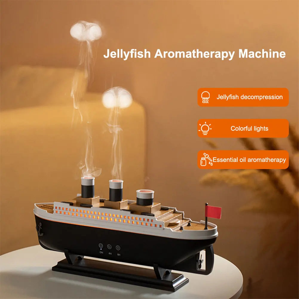 300Ml Titanic Ship Model Air Humidifier Essential Oil Diffuser Jellyfish Smoke Ring Spray Aroma Diffuser Night Light for Home